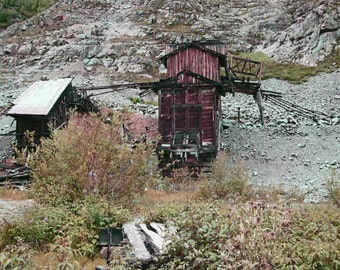 Silver mining shack, color photography, fine art, photo, rocky mountains, green plants, wooden crossing, wall art