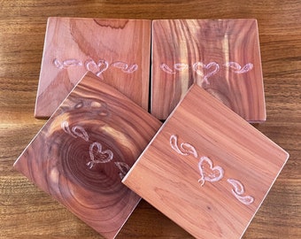 Handmade imperfect cedar coasters set of 4 unique engraved heart design love drink cup holder tea beer table protector on reclaimed wood