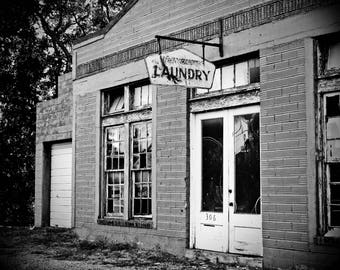 Framed vintage laundry mat, black and white photograph, fine art photo, home decoration, wall art, windows, rustic sign, trees, Wooden, wood