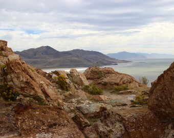 Rocks on the lake, fine art photograph, landscape photography, Great Salt Lake, color photograph, mountains, clouds