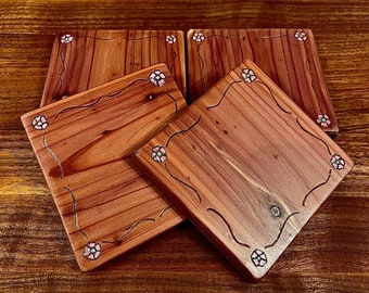Handmade imperfect cedar coasters set of 4 with unique engraved hand painted on reclaimed wood drink cup holder tea beer tab table protector