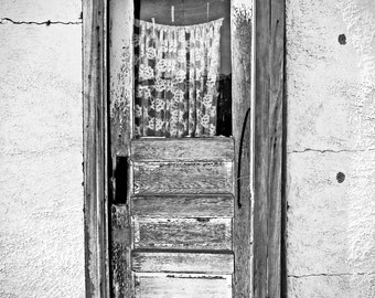 Vintage door, black and white photograph, fine art photo, home decoration, wall art, ructic, wood, wooden, curtains, window, lace