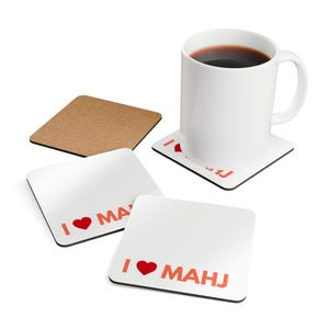 Conjunto de porta-copos "I Love Mahj" | Porta-copos de cortiça para noite de jogos, laranja e preto