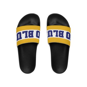 Go Blue Shoes - Game Day Sandles - Team Spirit Footwear - Blue and Gold Fan Shoes - Tailgate Outfit - Custom Sports Team slide sandals