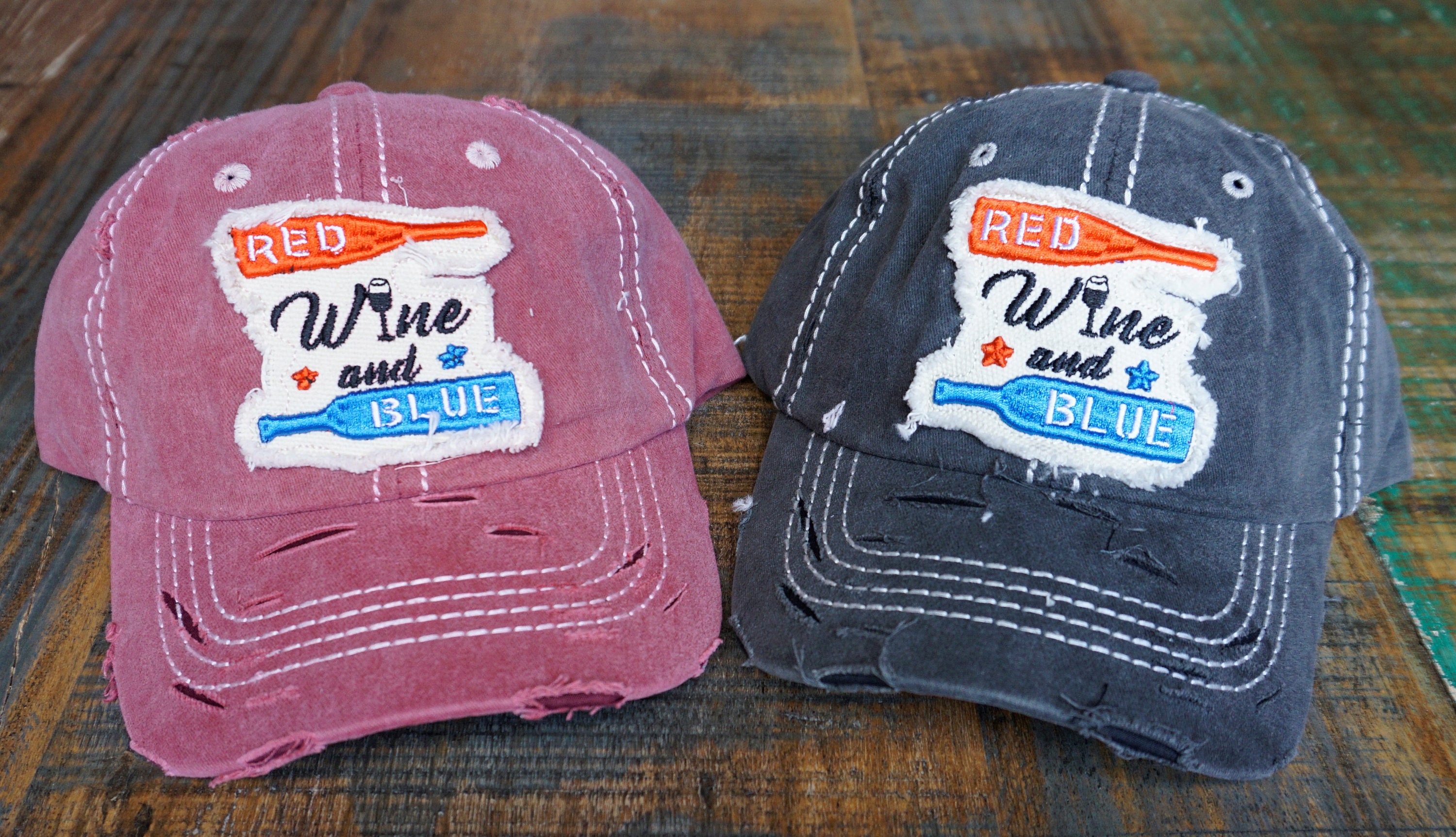 New Custom Designed Blue Distressed Baseball Cap with Red Wine Glasses. Cocktail Glasses and Wine Bottless Print Fashion Washed  main image 4