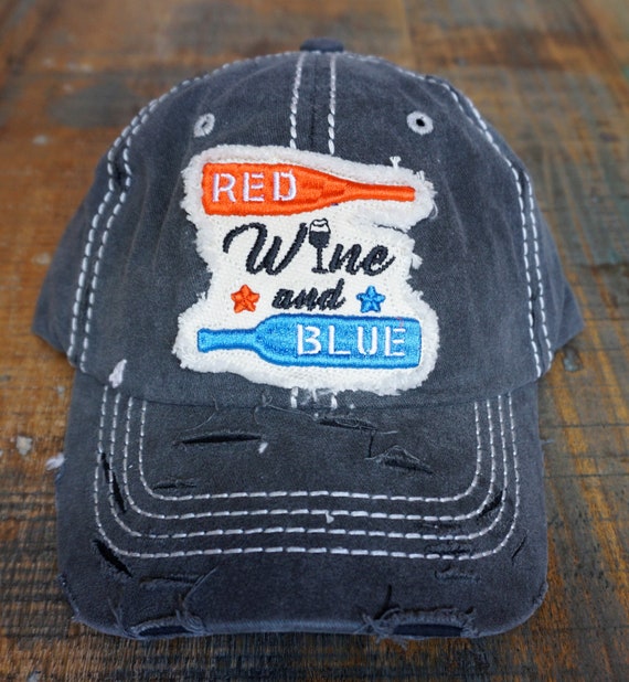 New Custom Designed Blue Distressed Baseball Cap with Red Wine Glasses. Turquoise Red Wine and Blue Washed and Distressed Baseball  main image 3