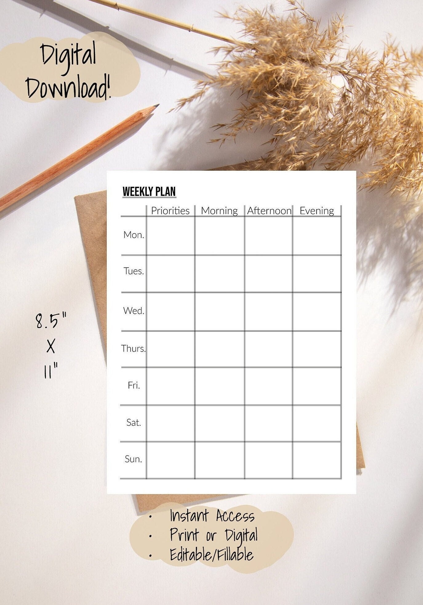 Minimalist Weekly Planner | Printable PDF Schedule (digital Download ...