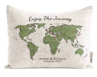 Enjoy The Journey Personalized Map Pillow, Travel Gifts For Couples, Customized World Map Gift, Summer Travels Abroad, Life Is A Journey