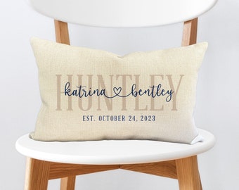 Personalized Last Name Pillow, Wedding Gift, Customized Established Date, Rustic Throw Pillows, Holiday Foyer Decor, Cute Housewarming Gift