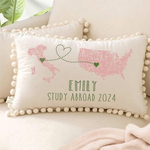 Leuk cadeau studeren in het buitenland, gepersonaliseerd aandenken kussen, host moeder cadeaus, au pair cadeau, gepersonaliseerde afscheidscadeaus, afscheidscadeaus, welkomstcadeau
