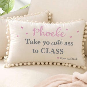 Dorm Pillow: Velvet with Pom Poms - Funny College Decor, "Take Yo Ass To Class"