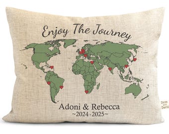 Personalized World Map Pillow: Custom Travel Keepsake, Adventure Quote