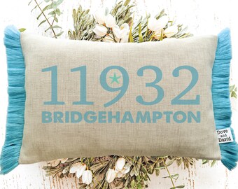 Personalized Zip Code Pillow, Bridgehampton, Beach Home, New Home Coastal Realtor Closing Gift, New Neighbor Housewarming, Summer Decor