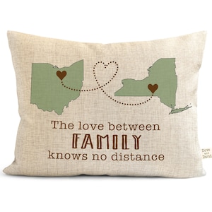 Almohada familiar personalizada para familias que viven lejos: Regalo con mapa de dos estados