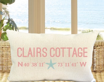 Cottage Core Coordinates Pillow, Coastal Decor, New Home, Personalized Handmade Gifts, Seaside Living Room Decor, Beach Lover