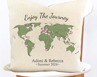 Enjoy The Journey Personalized Map Pillow, Travel Gifts, Customized World Map Gift, Summer Travels Abroad, Adventure Awaits