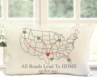 USA Map Custom Gift, For Parents From Family Gift,  "All roads lead to HOME" Personalized Locations Pillow, Customize The Phrase