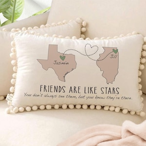 Long Distance Best Friends Pom Pom Pillow, Custom Gift For Good Friends, 2 States or Country Pillow, Moving Away Gift, Cool BFF Gifts