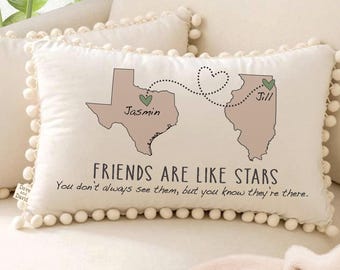 Long Distance Best Friends Pom Pom Pillow, Custom Gift For Good Friends,  States or Country Pillow, Moving Away Gift, Cool BFF Gifts