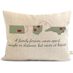 Coussin famille pour toujours, cadeau pour maman, coussin des Trois États, cadeau pour les parents, cadeau de famille personnalisé, carte des États-Unis, jeté mots personnalisés