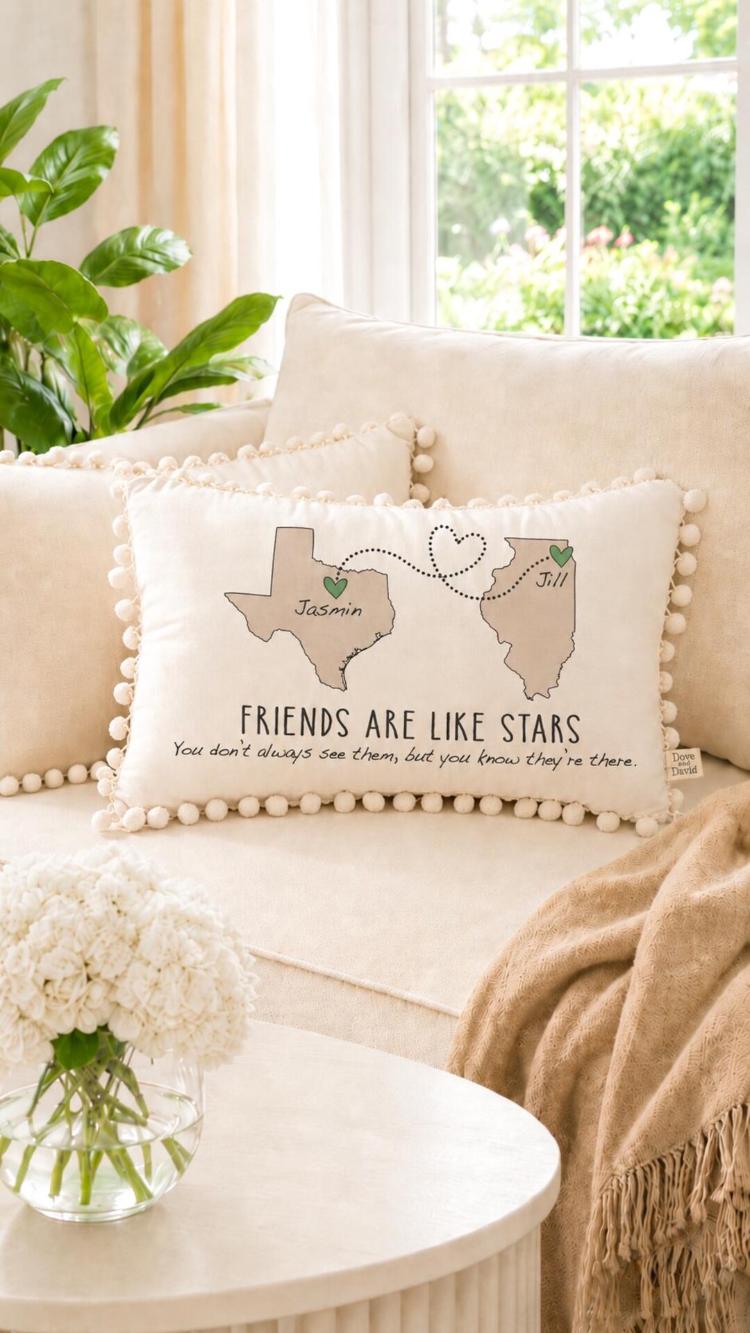 Long Distance Best Friends Pom Pom Pillow, Custom Gift for Good