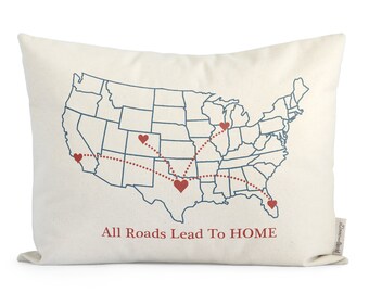 Unique U.S. Map Gift For Parents From Family Gift "All roads lead to HOME" Personalized Locations Pillow Customize The Phrase