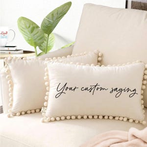Velvet Pom Pom Personalized Words Pillow, Name Pillow, Customized Phrase, Quote Pillow, Foyer Pillow, Lobby Entryway Decor, Holiday Gifts