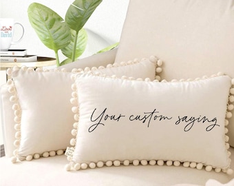 Velvet Pom Pom Personalized Words Pillow, Name Pillow, Customized Phrase, Quote Pillow, Foyer Pillow, Lobby Entryway Decor, Holiday Gifts
