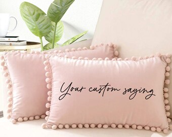 Pink Velvet Pom Pom Custom Phrase Pillow, Frilly Couch Pillows, Cute Living Room Decor, Pink Boho Bedroom Decor, Dorm Room