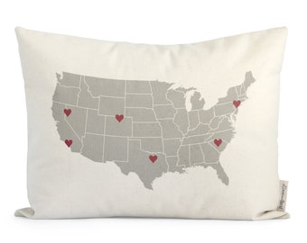 Customized USA Map Pillow, Unique Housewarming Gift, Personalized Map Locations Pillow, Map Art, Rustic Home Decor, Insert Included