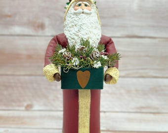 Handmade Santa Figurine, Barn Red Coat, Folk Art Christmas Decor