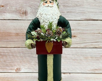 Handmade Fabric Mache Santa Figurine: Forest Green, Barn Red Box, Farmhouse Christmas Decor