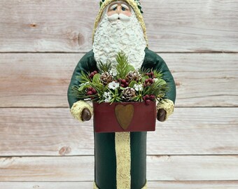 Handmade Santa Figurine, Forest Green Coat, Farmhouse Christmas Decor