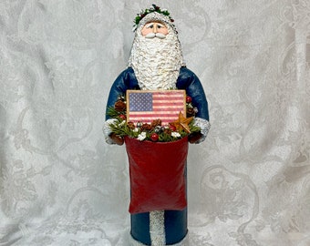 Handmade Santa Claus Figurine Paper Mache Clay Sculpture Patriotic with American Flag Folk Art and Farmhouse Style Collectible 129