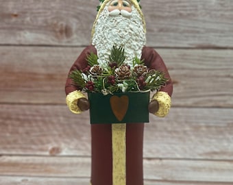 Handmade Folk Art Santa Figurine, Barn Red Coat, Farmhouse Christmas Decor