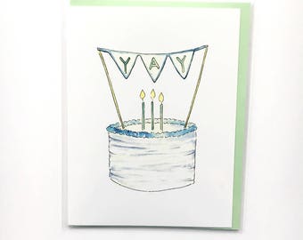 birthday cake card, watercolor card, funny birthday card, celebration card, friend birthday, illustrated notecard, coworker birthday