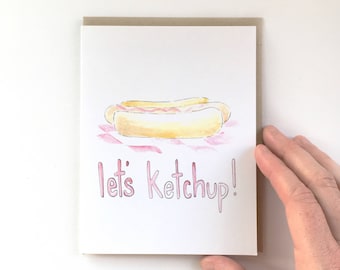 catching up card, hot dog card, just because note, watercolor note card, note for Dad, funny foodie gift, card for friend, food paper goods