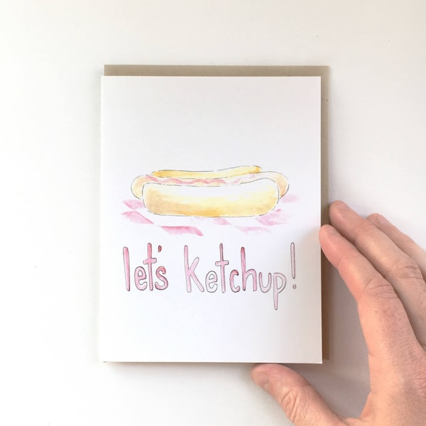 catching up card, hot dog card, just because note, watercolor note card, note for Dad, funny foodie gift, card for friend, food paper goods