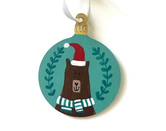 Bear Christmas Ornament, Holiday Decor, Wood Round Ornament, Gift under 25, Rustic Christmas Tree Gift, Baby's First Christmas