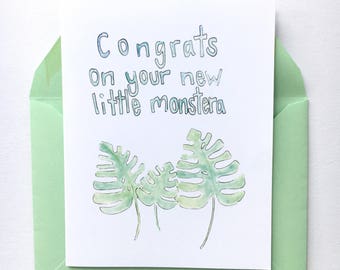 new baby card, monstera baby card, monstera plant card, congrats new mom, gender neutral baby shower card, watercolor baby card, plant mom