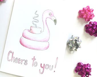 birthday card for her, flamingo note card, pool party birthday, congratulations card, funny flamingo note, cheers to you, pink note