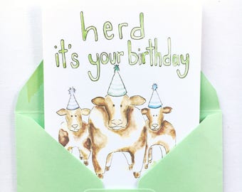 animal birthday card, cow pun, group birthday, barnyard notecard, watercolor card, happy birthday friend, hand lettered card, farm theme