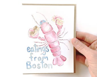 Boston Lobster card, Massachusetts note, greetings from Boston, food pun note, visit New England card, gift for friend from Boston