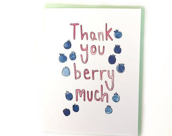 thank you card, watercolor notecard, blueberry note, fruit paper goods, colorful stationery, food pun thank you, funny thanks card