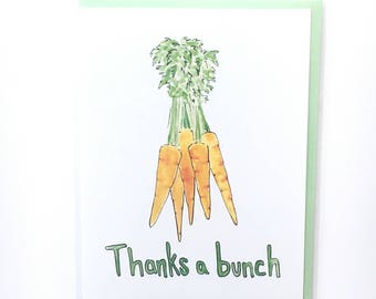 Thanks a bunch, thank you pun, watercolor food card, carrot notecard, foodie paper goods, funny thank you cards kitchen humor food thank you