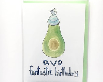 Avocado Birthday, Guacamole Note, Office Birthday Card, Watercolor Avocado, Funny Birthday Card, Friend Card, Food Pun, Illustrated Card