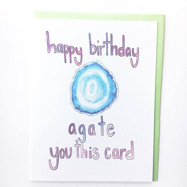 blue agate watercolor, birthday card gemstone, watercolor geode card, birthday pun card, painted agate note, geology pun, geode note card