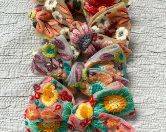 Oversized Floral Embroidered Bow Headband: Spring Summer Hair Accessory
