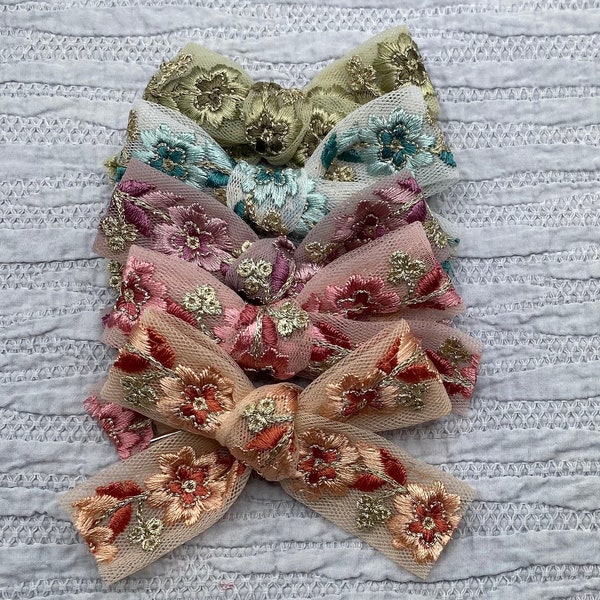 Floral Embellished Bow | Embroidered Bow | Embellished Piggy Bow | Embroidered Headband | ONE SIZE | embroidery, floral bow