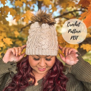 Chunky Cabled Crochet Hat Pattern , Crochet Hat, Crochet Beanie, Crochet Cables, Crochet Hat Pattern, Crochet Beanie Pattern, Pom Beanie